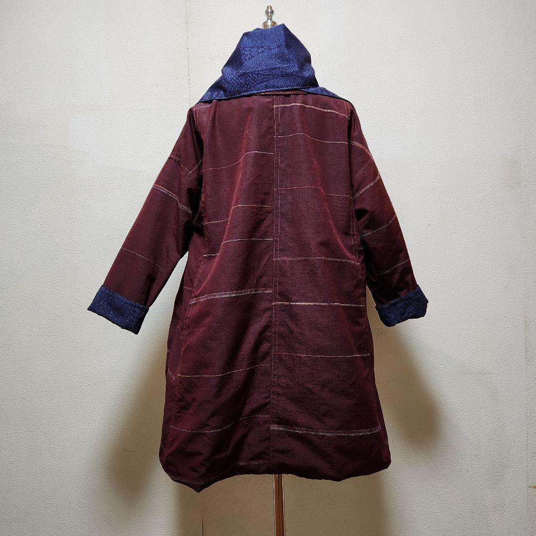 正絹結城紬と無地に近い横縞紬のリバーシブルコ－ト結城紬マフラー付き