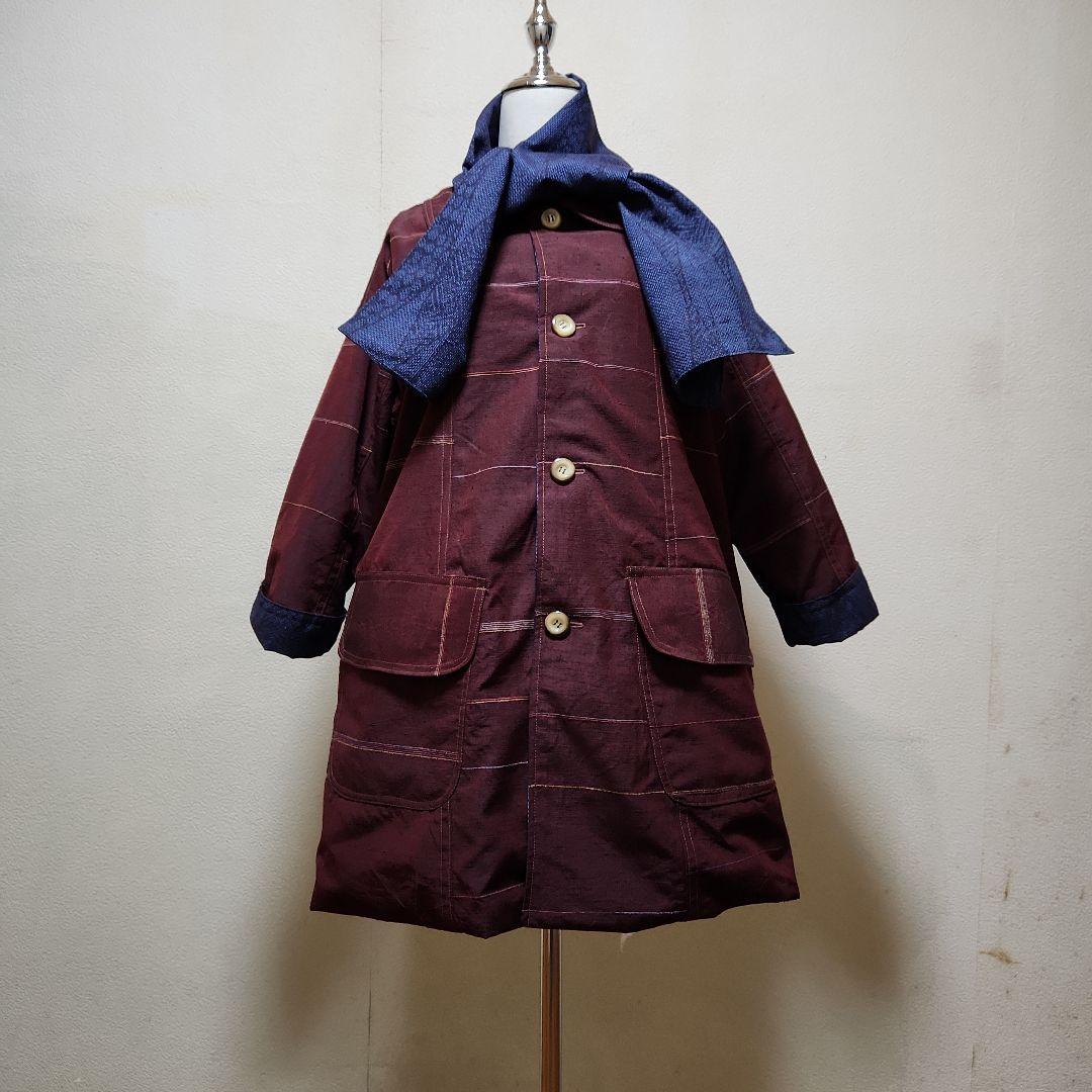 正絹結城紬と無地に近い横縞紬のリバーシブルコ－ト結城紬マフラー付き