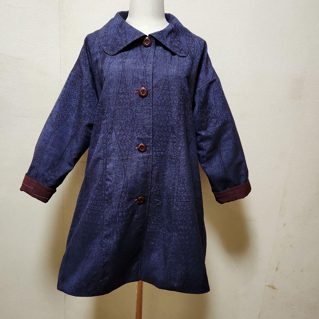 正絹結城紬と無地に近い横縞紬のリバーシブルコ－ト結城紬マフラー付き