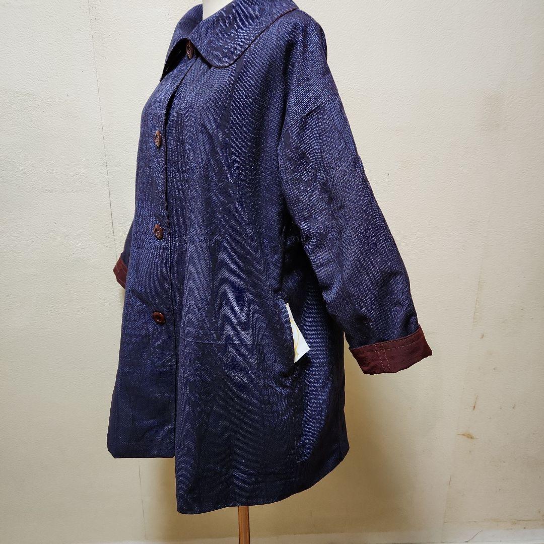 正絹結城紬と無地に近い横縞紬のリバーシブルコ－ト結城紬マフラー付き