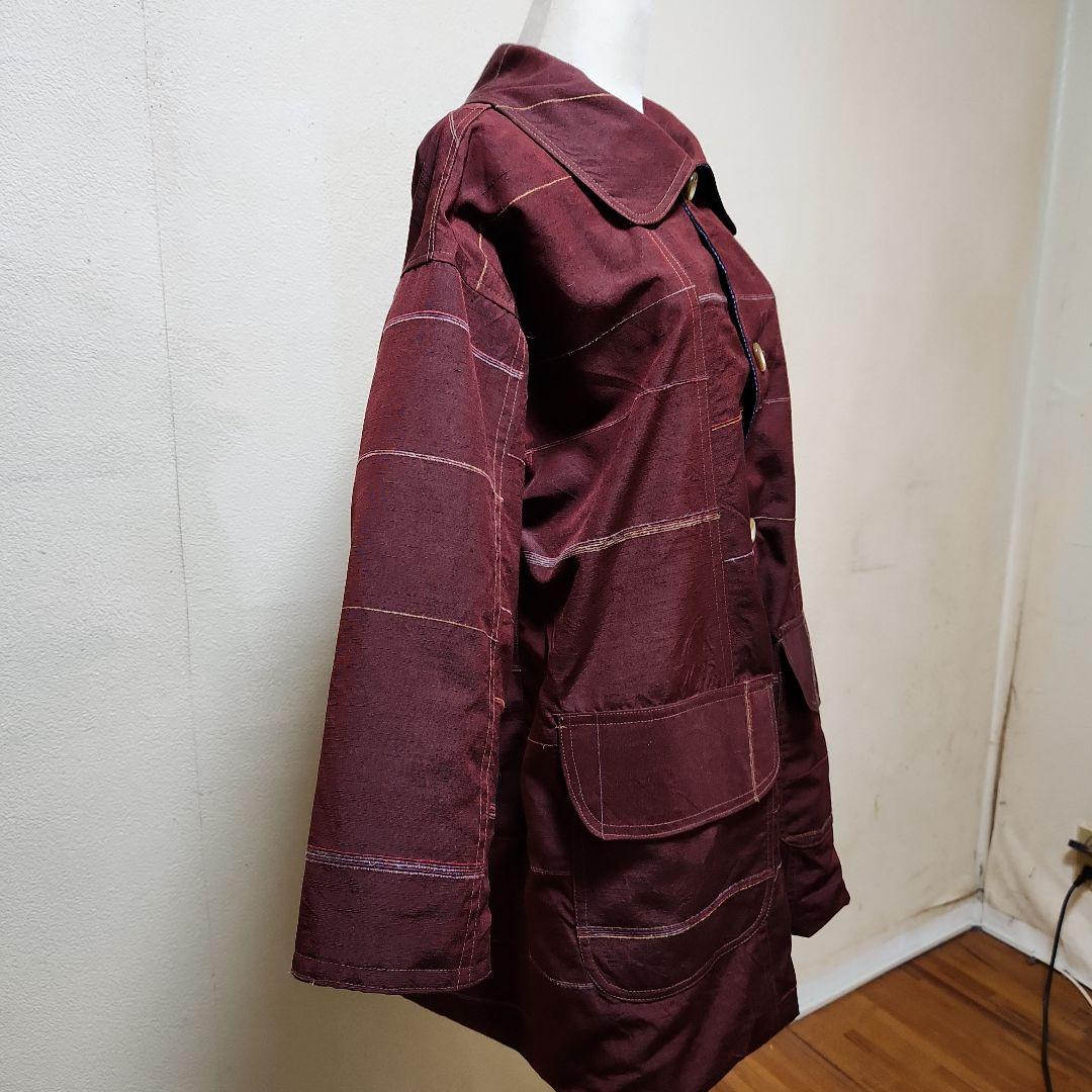 正絹結城紬と無地に近い横縞紬のリバーシブルコ－ト結城紬マフラー付き