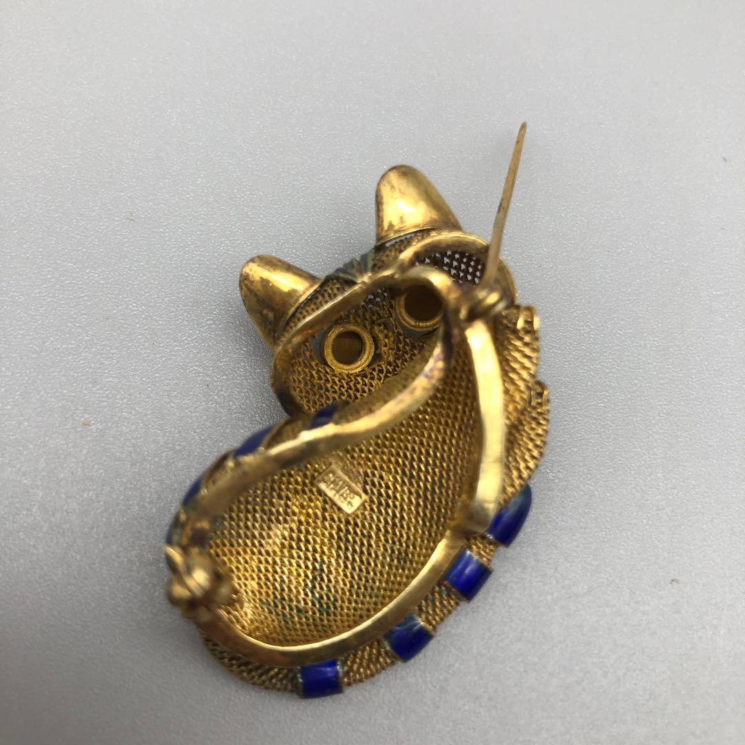 中国骨董品ゴールドメッキブルーエナメルメッシュタイガーアイキャット猫ピンブローチ
