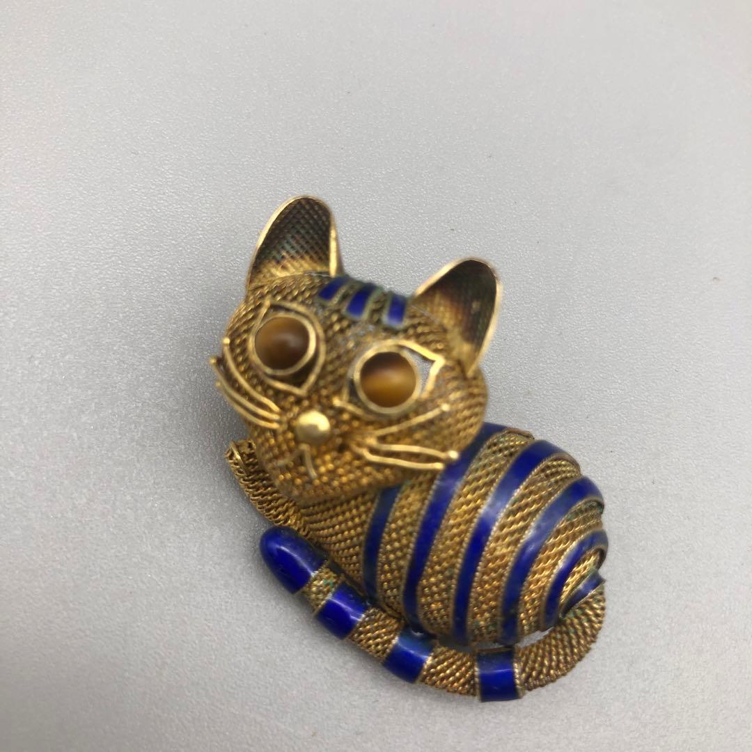 中国骨董品ゴールドメッキブルーエナメルメッシュタイガーアイキャット猫ピンブローチ