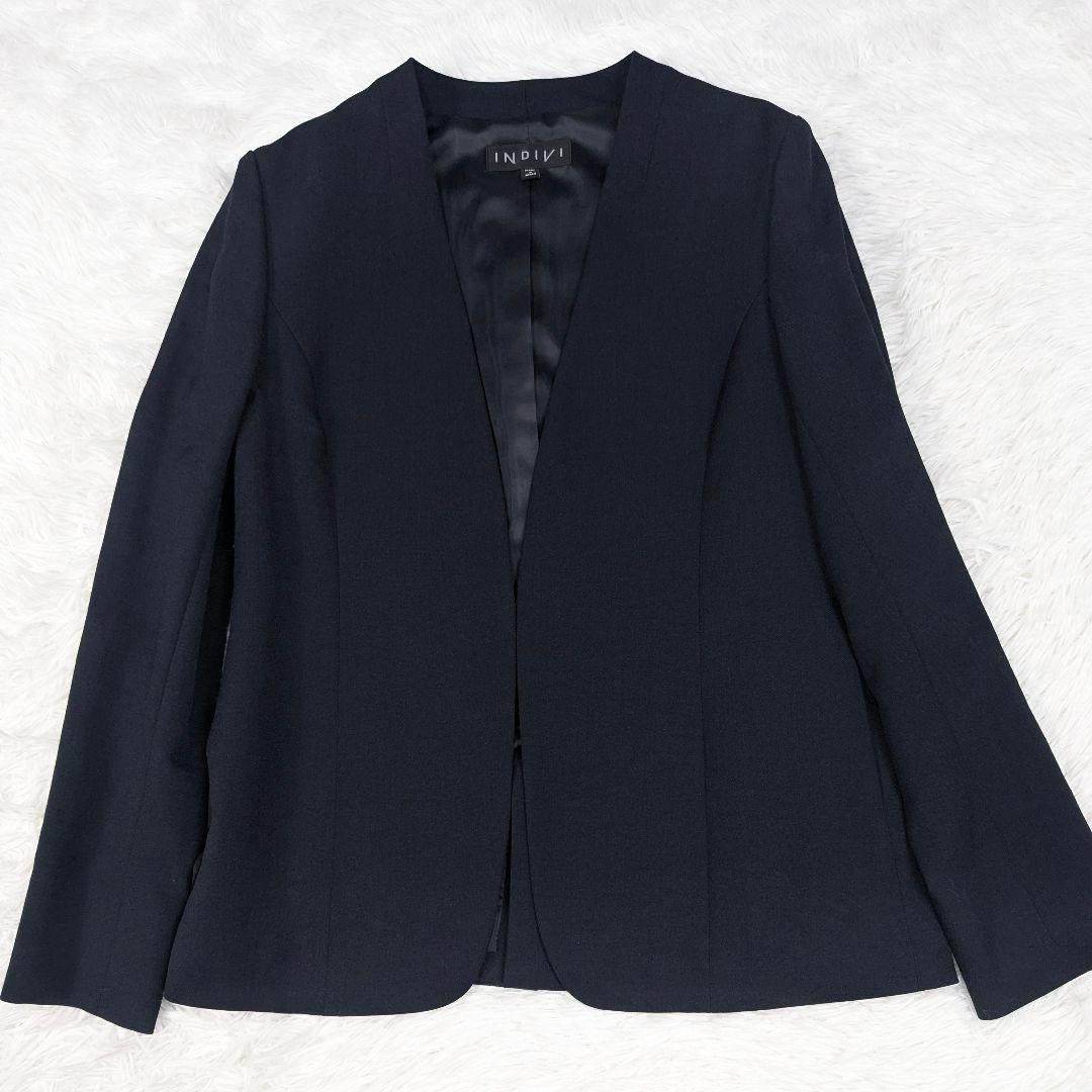 美品 INDIVI スーツ スリーピース 38 ネイビー パンツ ノーカラー