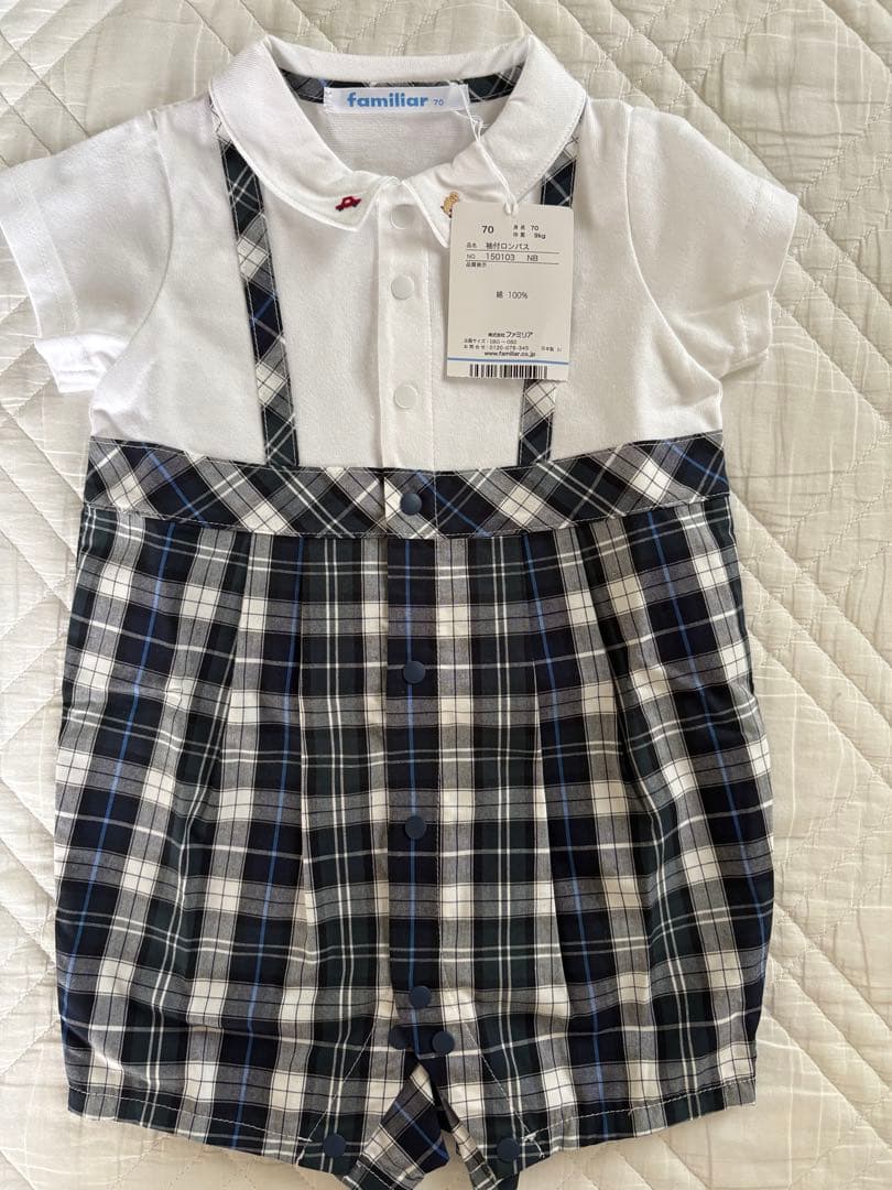 【新品未使用】familiar 半袖ロンパース 70 男の子 チェック