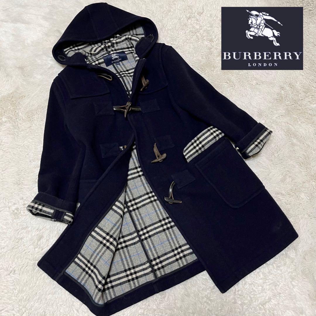 バーバリー ロンドン　チェック　ダッフルコート　ロングコート　紺　グレー　S