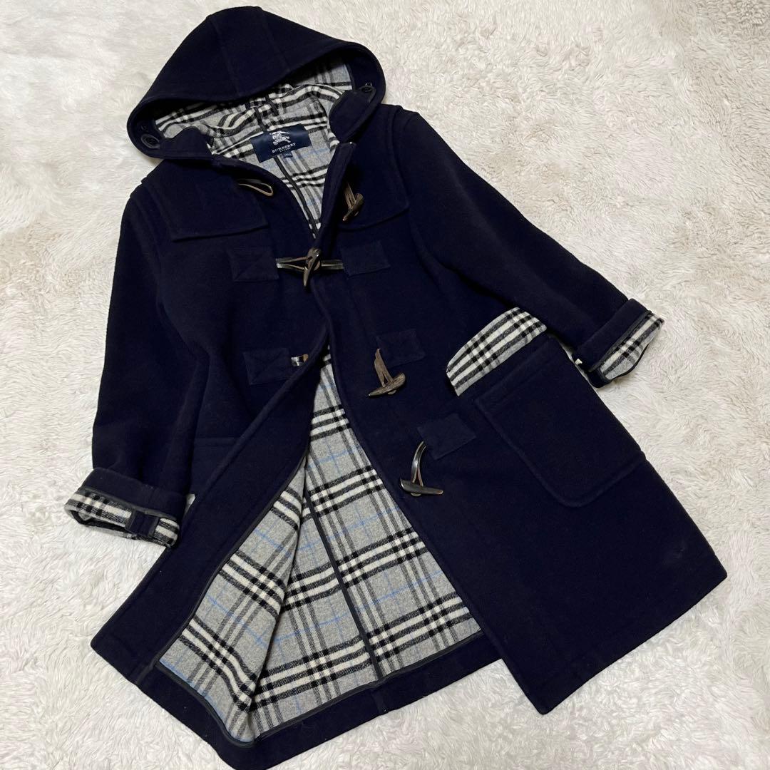 バーバリー ロンドン　チェック　ダッフルコート　ロングコート　紺　グレー　S