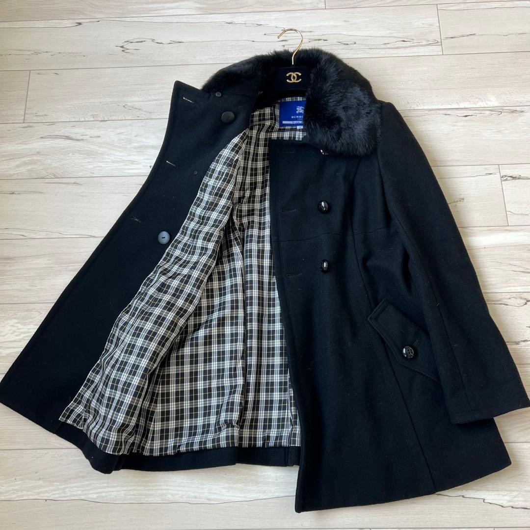 バーバリーブルーレーベル　ロングコート　ダブル　チェック　ラビット　2way