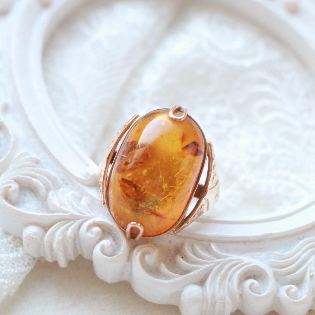 4ЯK刻印、旧ソ連国旗モチーフ、583刻印入り 琥珀リング