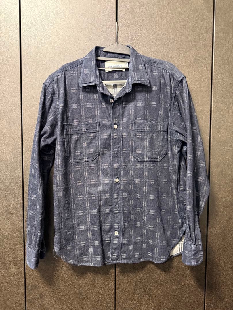 【美品】桃太郎トリプルステッチ L/S ジャカード シャツ - サイズM￼