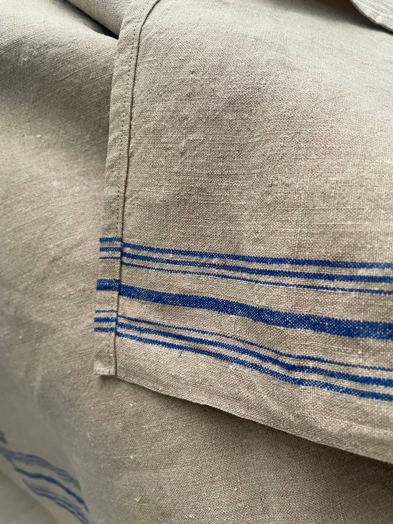希少　フランスアンティークリネン　麻生地　クロス　綺麗ブルーライン　70×152