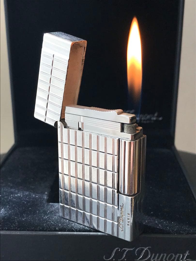 美品　開閉音快音キーン　デュポン　ガスライター　ストライプ　シルバー　ライン2s