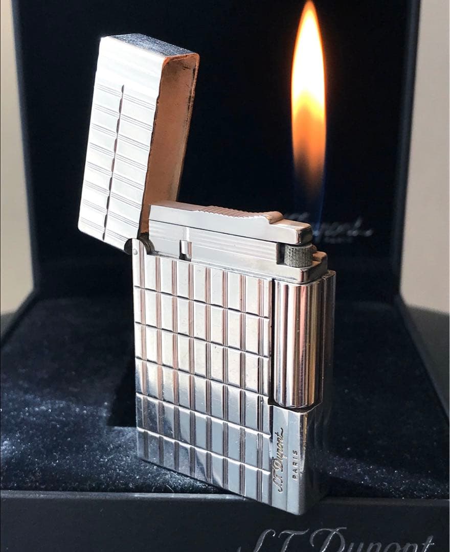 美品　開閉音快音キーン　デュポン　ガスライター　ストライプ　シルバー　ライン2s