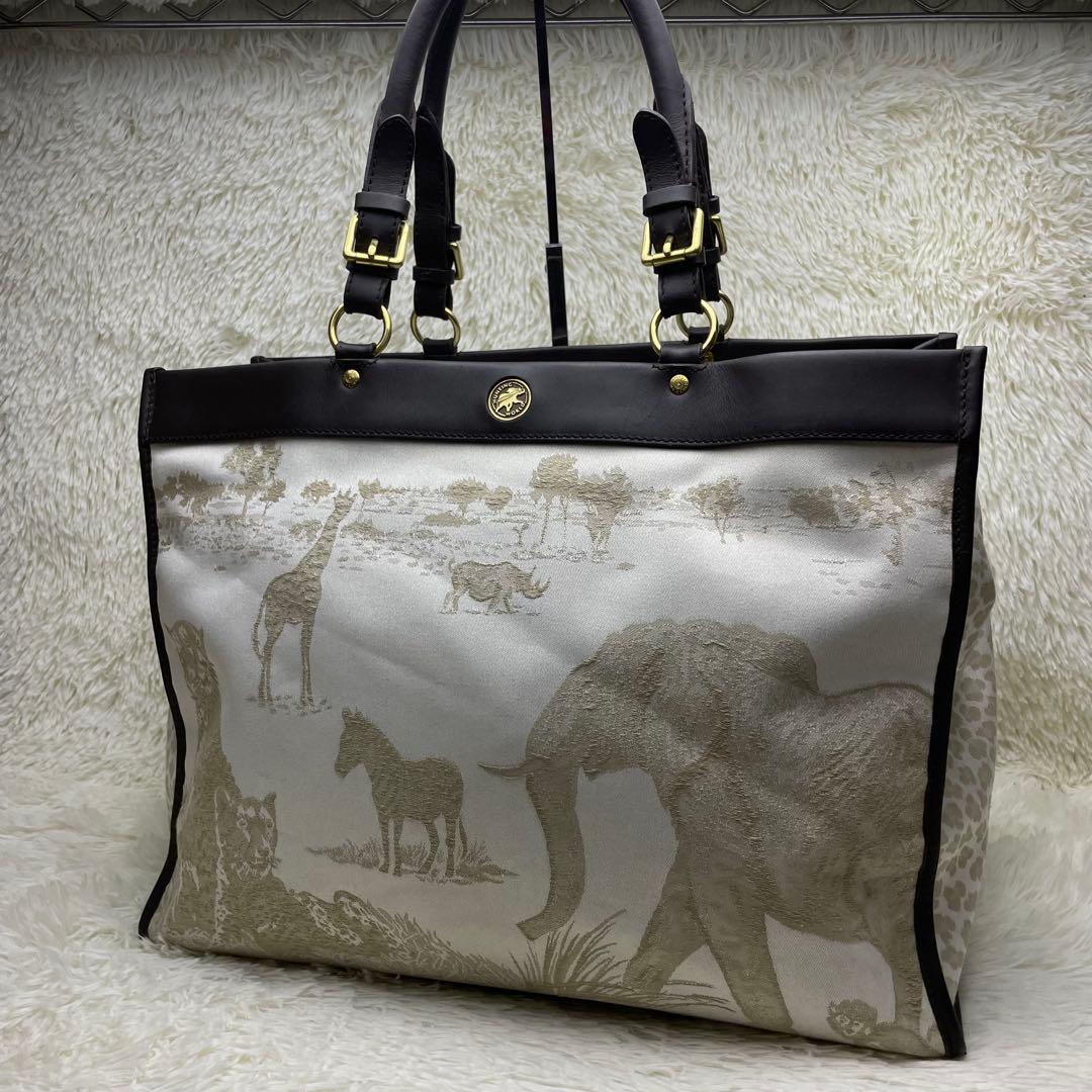 【美品】ハンティングワールド トートバッグ サファリ A4収納可 キャンバス 象