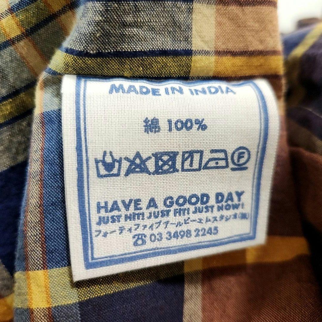 美品✨　45R インド麦平のマドラスフリルカシュクールブラウス　マドラスチェック