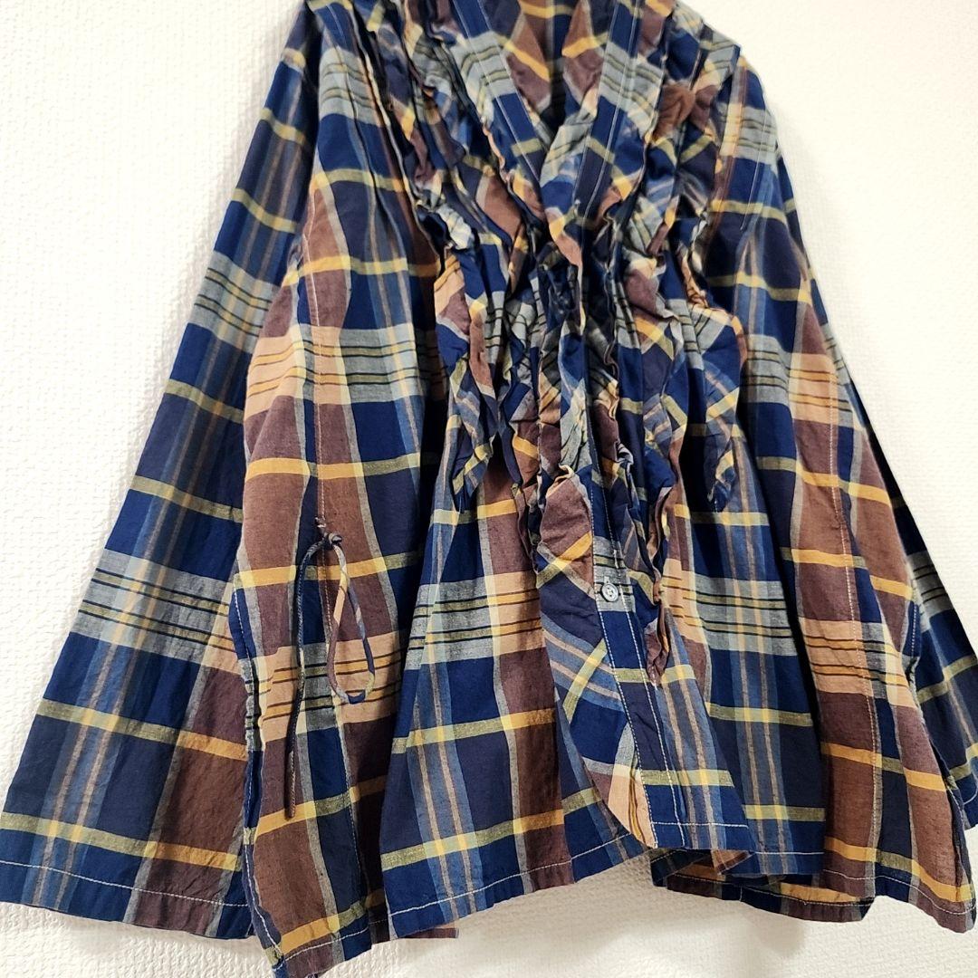 美品✨　45R インド麦平のマドラスフリルカシュクールブラウス　マドラスチェック