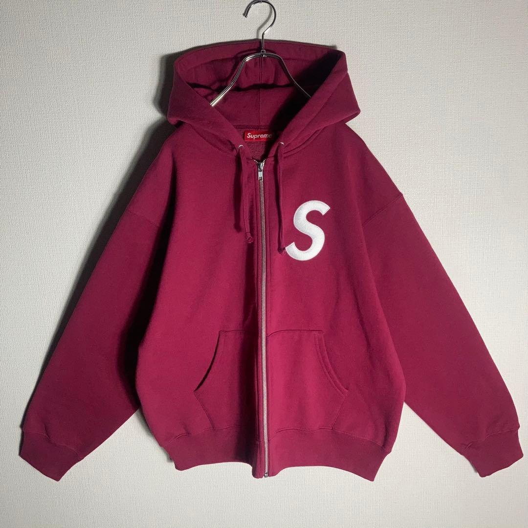 【美品】SUPREME フルジップパーカー Sロゴ 刺繍 ボルドー M