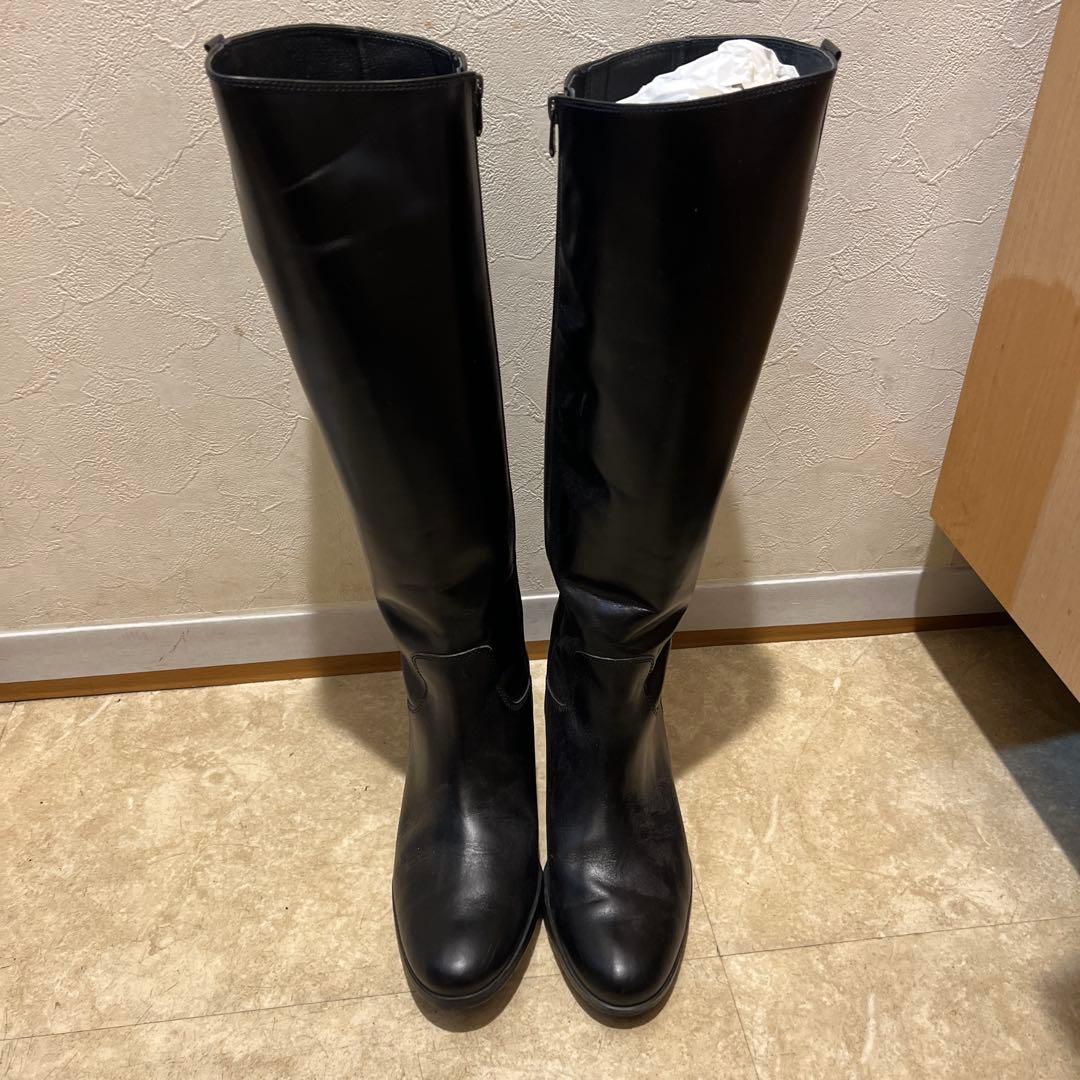 黒 ロングブーツ 低ヒール