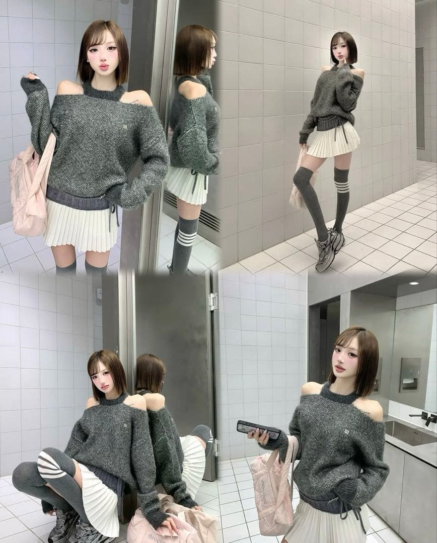 andwang Off shoulder over knit グレー