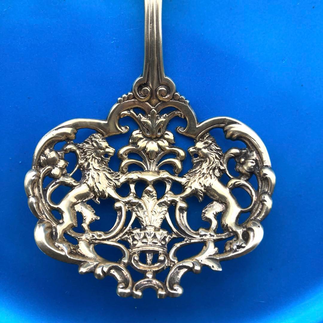 純銀鍍金　透かし王冠ライオン　ナッツスプーン