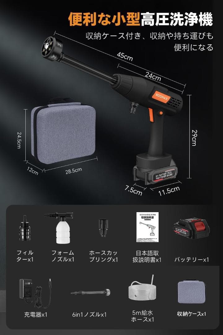 高圧洗浄機 コードレス 充電式 10MPa圧力 30000mAh 最大距離10M