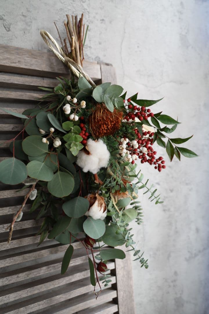 クリスマスリース、ドライフラワー、グリーンリース、針葉樹