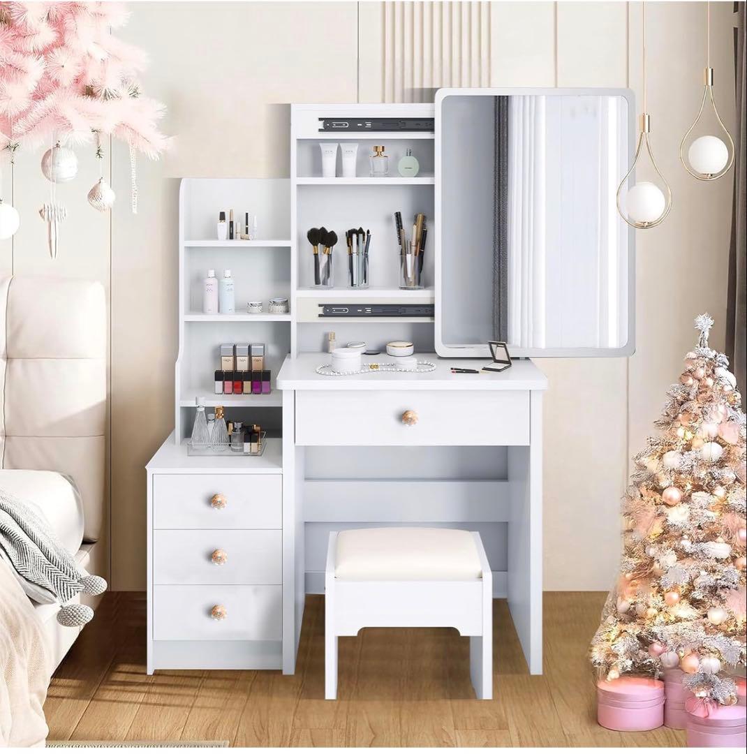 【新品未開封】ドレッサー 鏡台 コンパクト収納 化粧台 スライド式女優ミラー