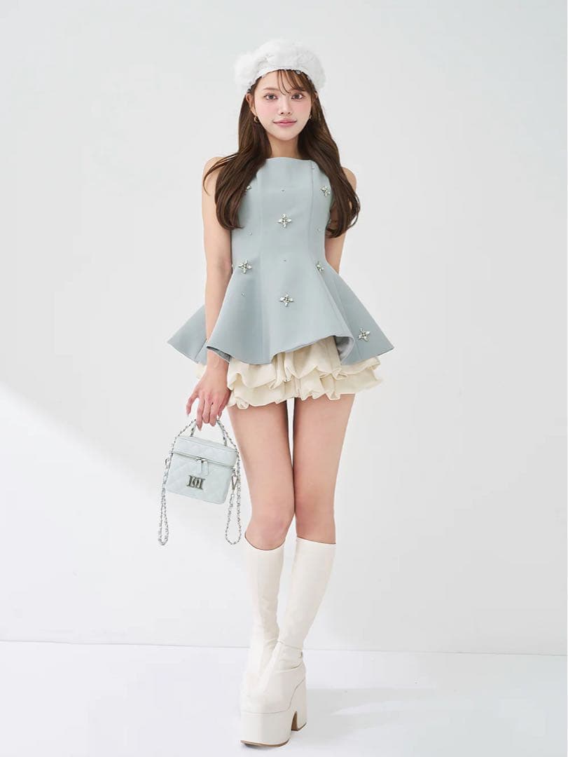 ダーリッチ ビジューフレアバルーンミニドレス サックス フリー