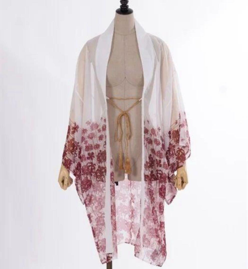 axes femme kawaii 彼岸の白狐会柄彼岸花柄シアー着物風羽織