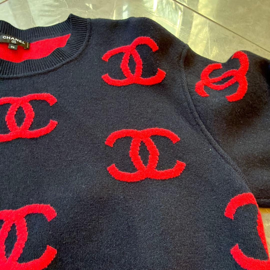 CHANEL ロゴセーター ネイビー/レッド 36