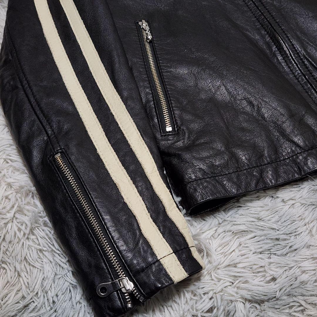 み*け様 vintage 牛革 白ライン シングルライダースジャケット レザージ