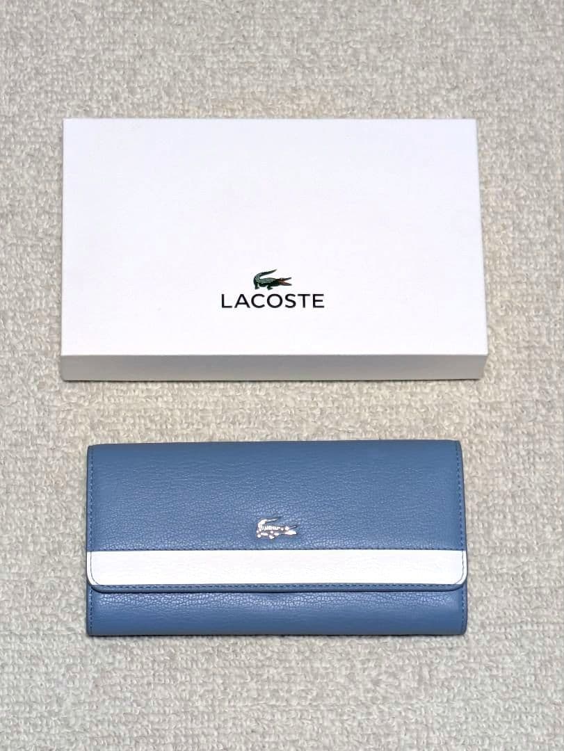 新品未使用 LACOSTE ラコステ 二つ折りレザー長財布 ブルー 牛革製 ワニ