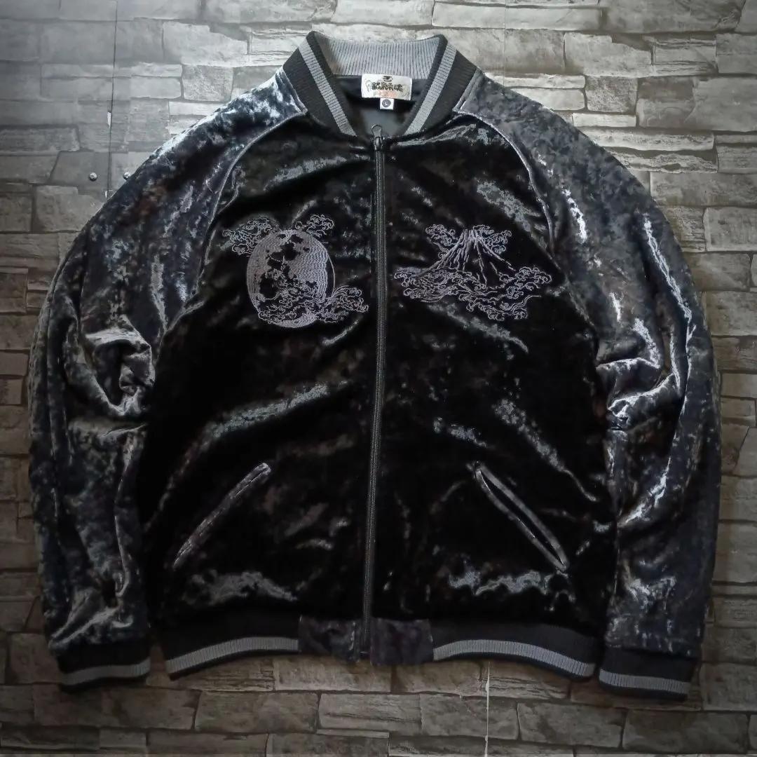 圧巻！☆絡繰魂のダークなベロアスカジャン 別珍 青龍 富士山 胸刺繍 艶感