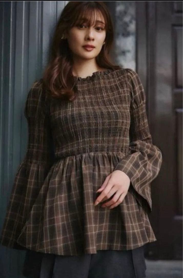 トップス FORHER Checked Flared Peplum Top