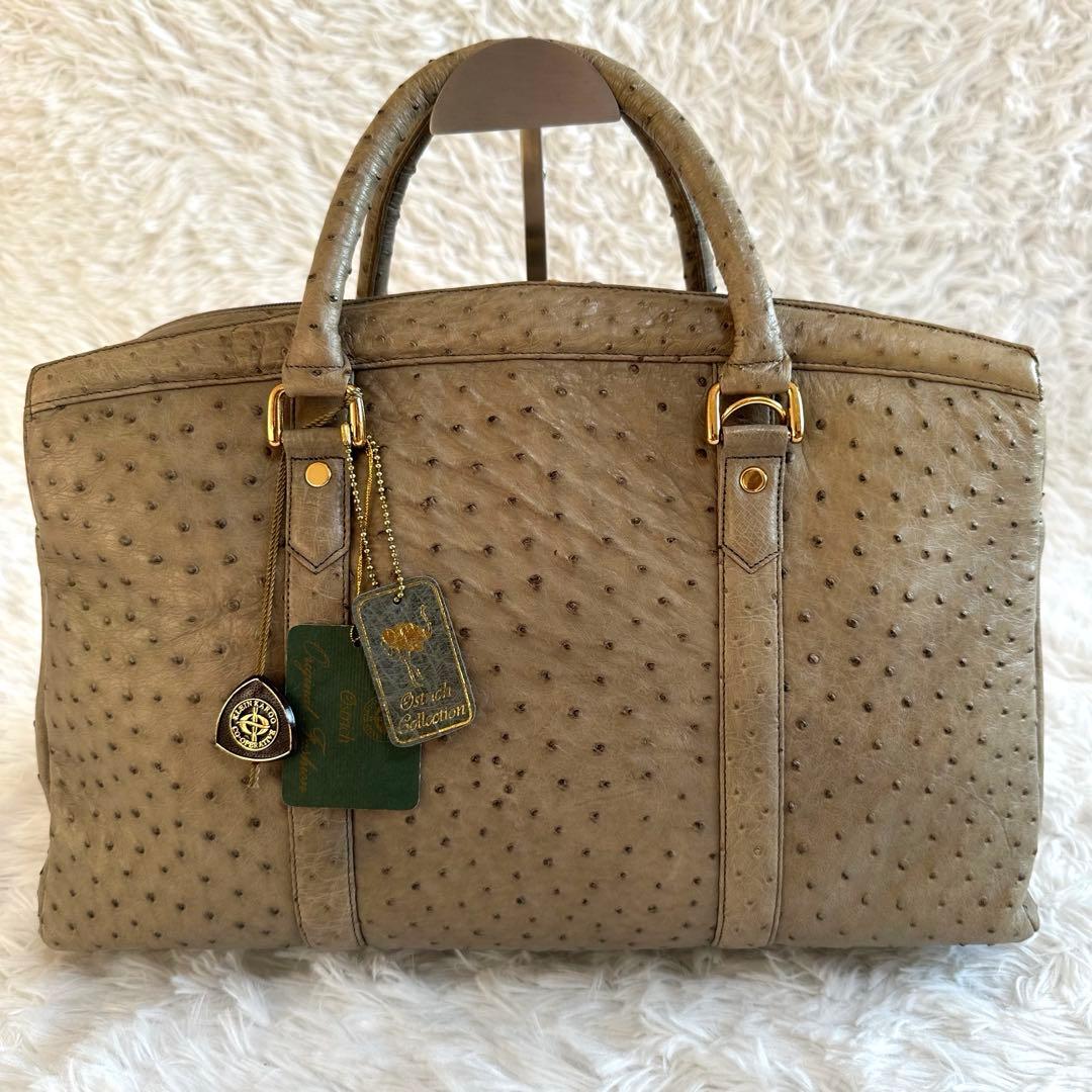 美品✨オーストリッチ ボストンバッグ ハンドバッグ JRA カーキ