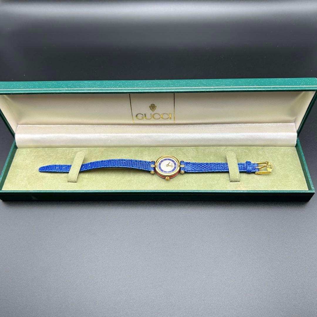 美品 GUCCI シェリーライン 青ベゼル クォーツ 電池交換済 腕時計 箱付