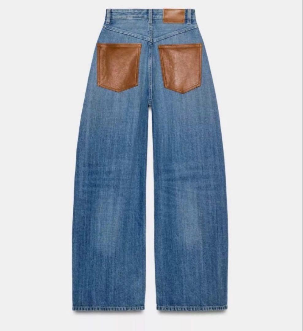 ZARA TRFハイウエストワイドレッグデニムパンツレザーポケット 38