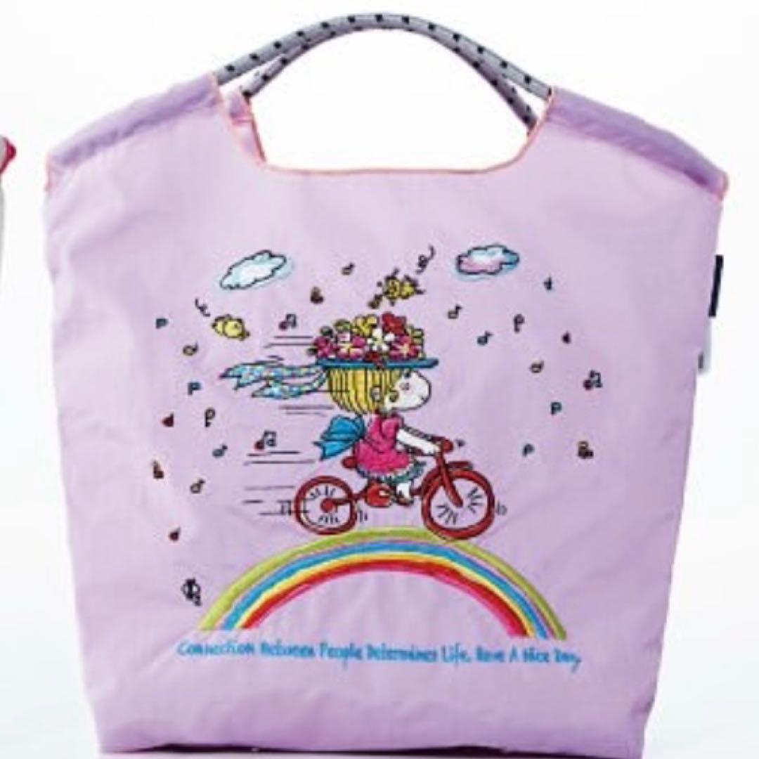 ボールアンドチェーン　水森亜土　女の子と自転車のイラスト入り ピンクトートバッグ
