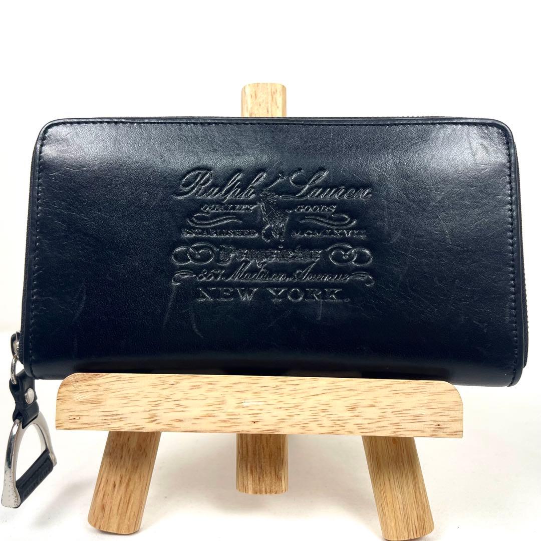 ラルフローレン　長財布　ラウンドファスナー　ビッグロゴ　型押しエンボス　レザー