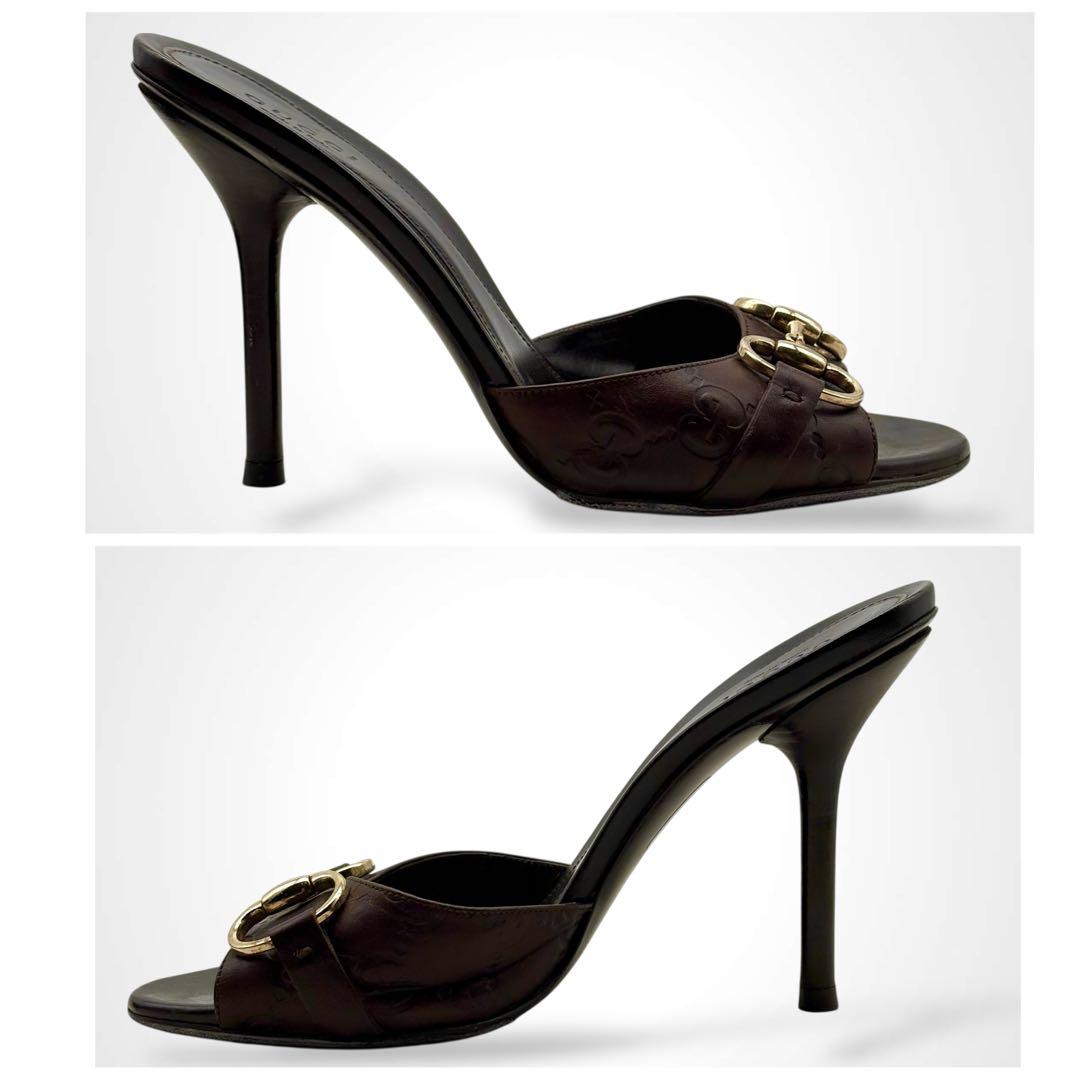 GUCCI グッチ シマ ホースビット サンダル ハイヒール レザー ブラウン
