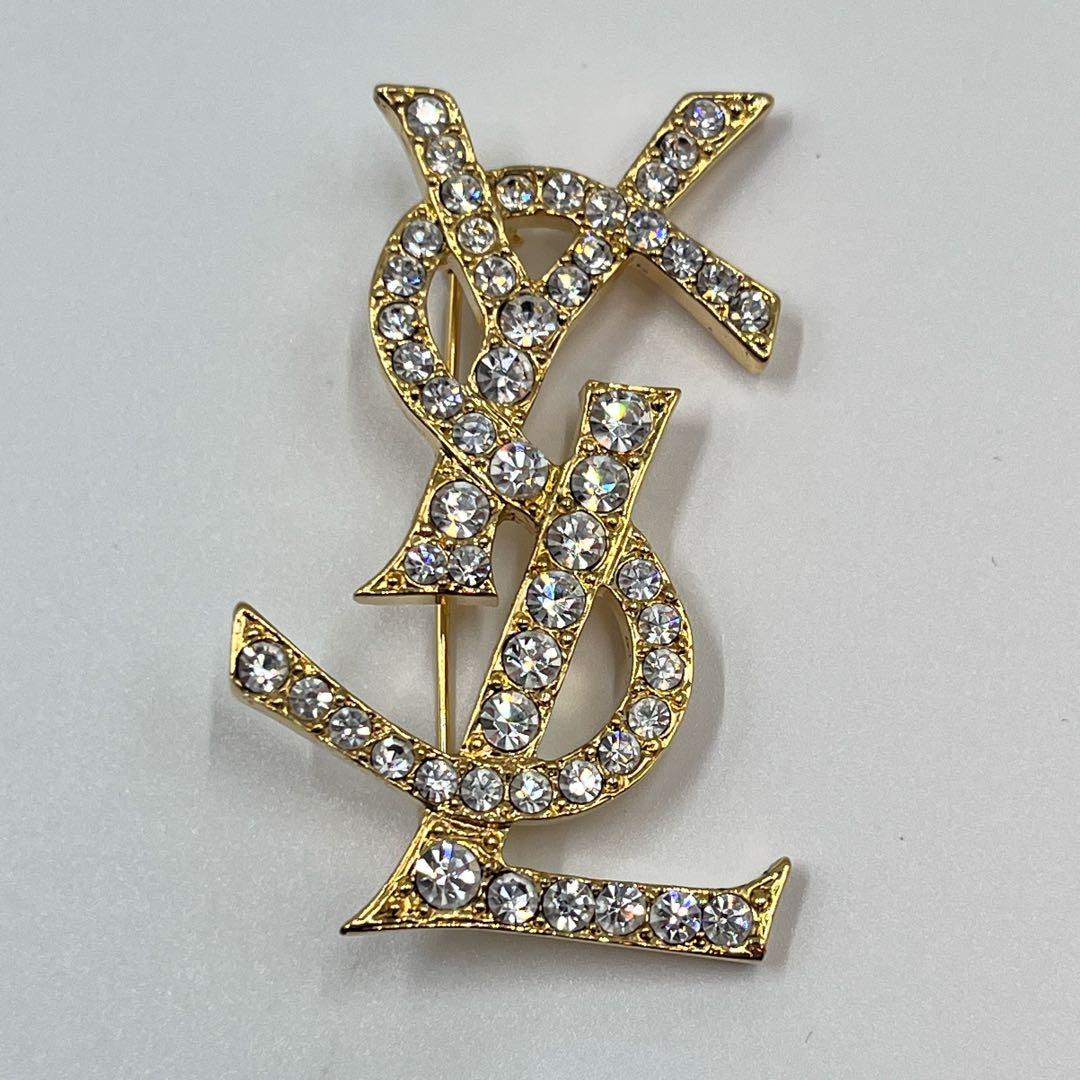 極美品✨イヴサンローラン YSL ブローチ ラインストーン カサンドラロゴ
