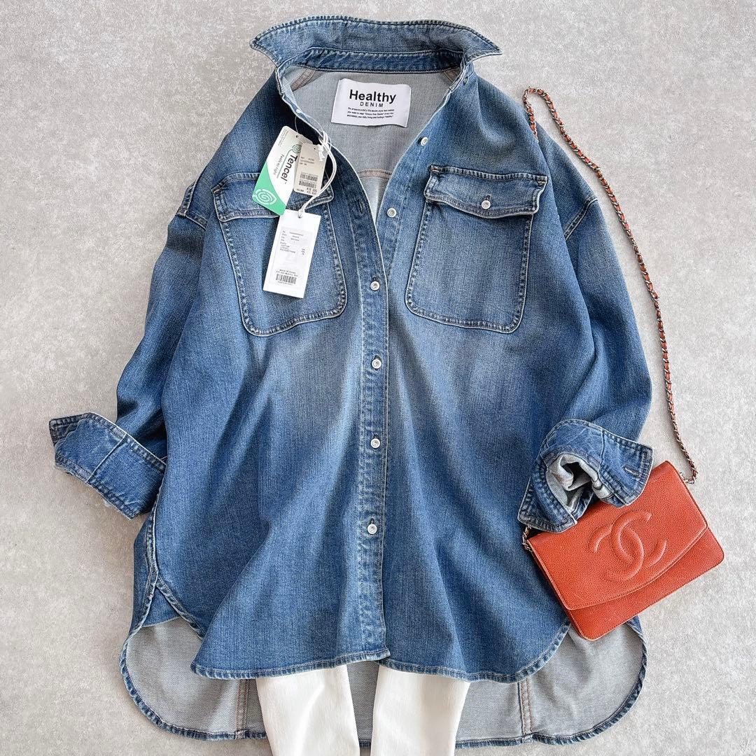 タグ付き ヘルシーデニム アーモンド デニムシャツ ゆったり ビッグシャツ