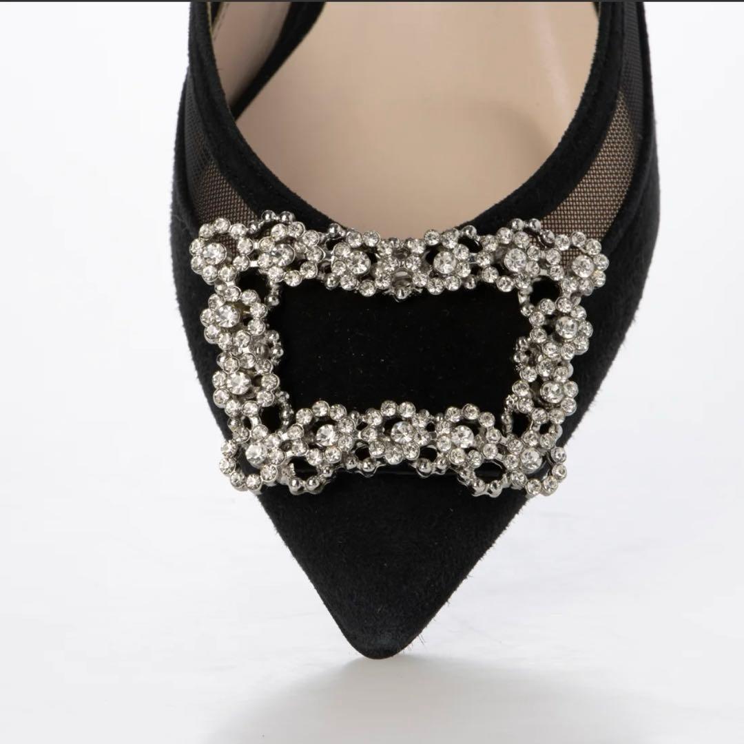 DINANビジューつきフラット黒スエード/24.5