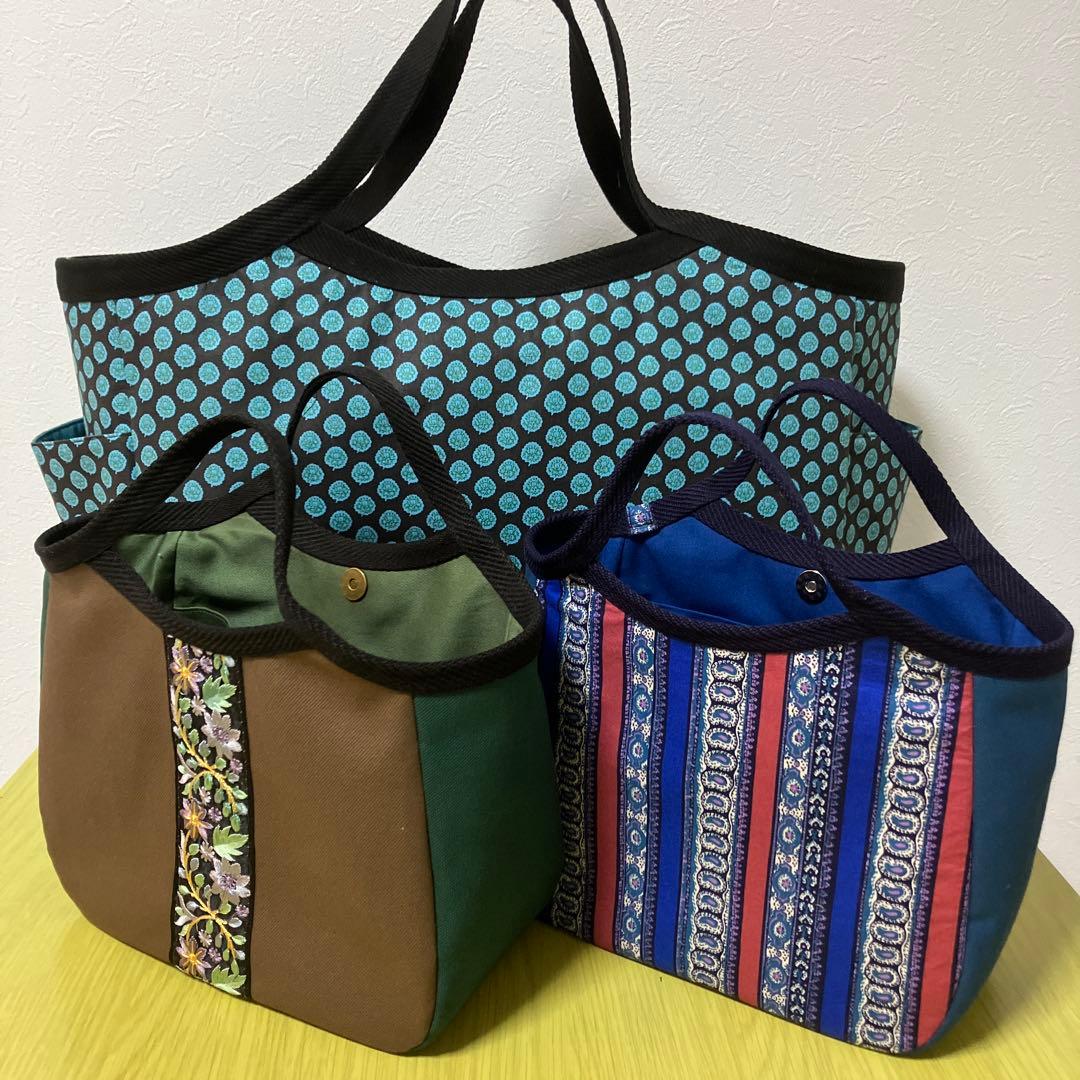 ソレイアード　帆布　インド刺繍リボン　トートバック　グラニーバッグ　3点