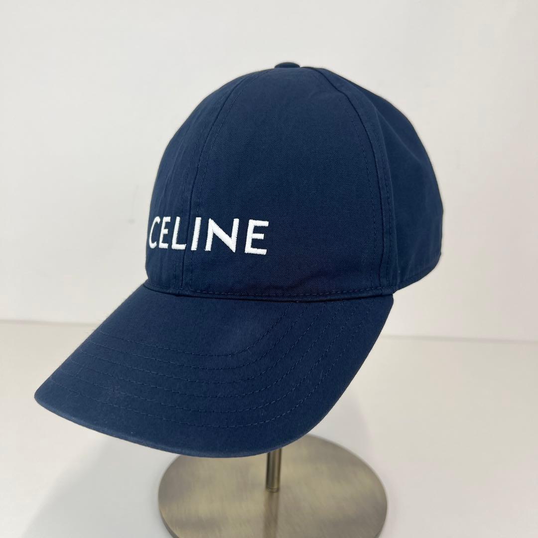 美品　CELINE セリーヌ キャップ 帽子　コットン　ネイビー　ロゴ　刺繍　S