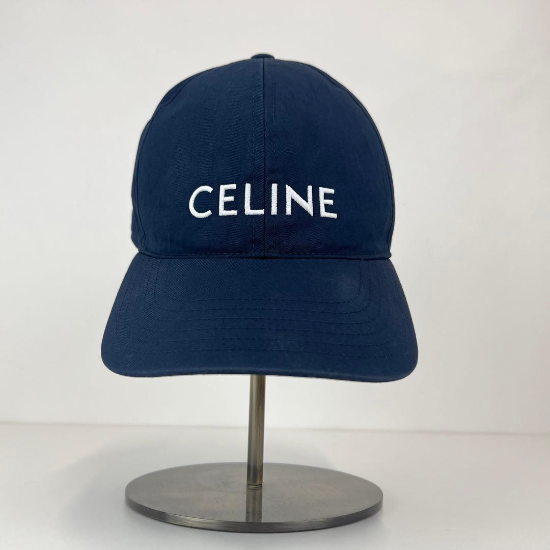 美品　CELINE セリーヌ キャップ 帽子　コットン　ネイビー　ロゴ　刺繍　S