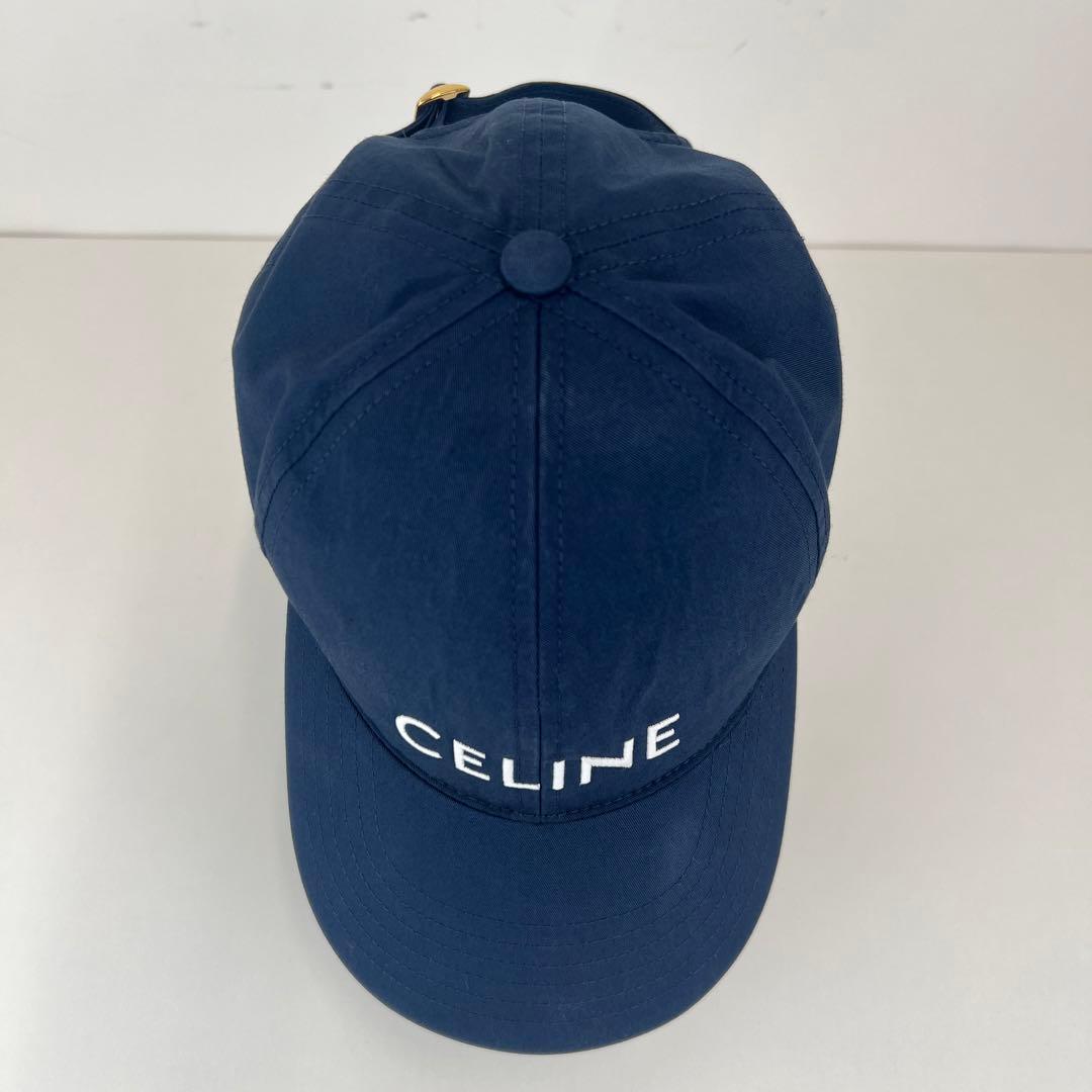 美品　CELINE セリーヌ キャップ 帽子　コットン　ネイビー　ロゴ　刺繍　S