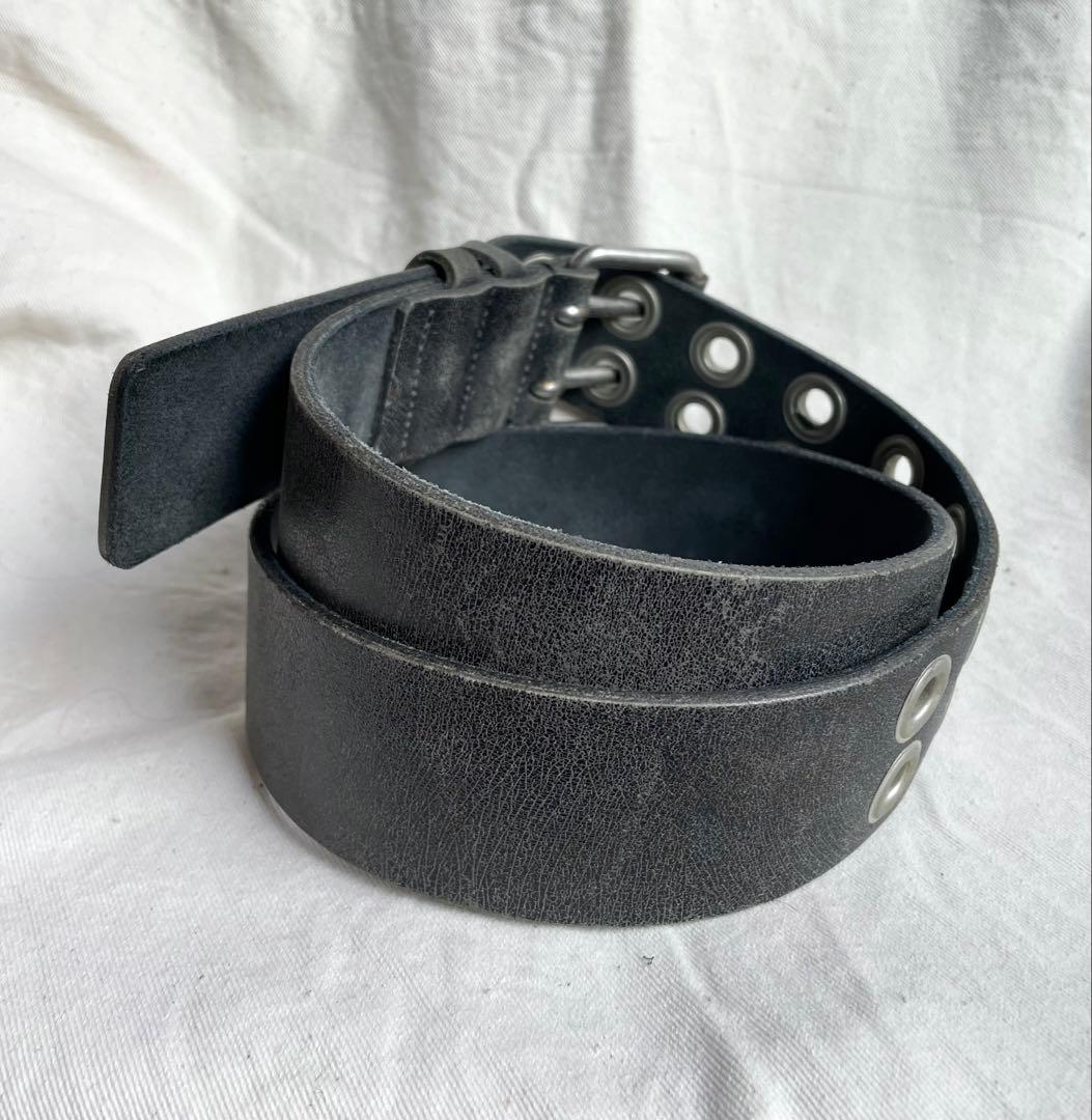 Y’s ワイズ レザーベルト ダブルピン 黒 極厚 used加工 ヨージヤマモト