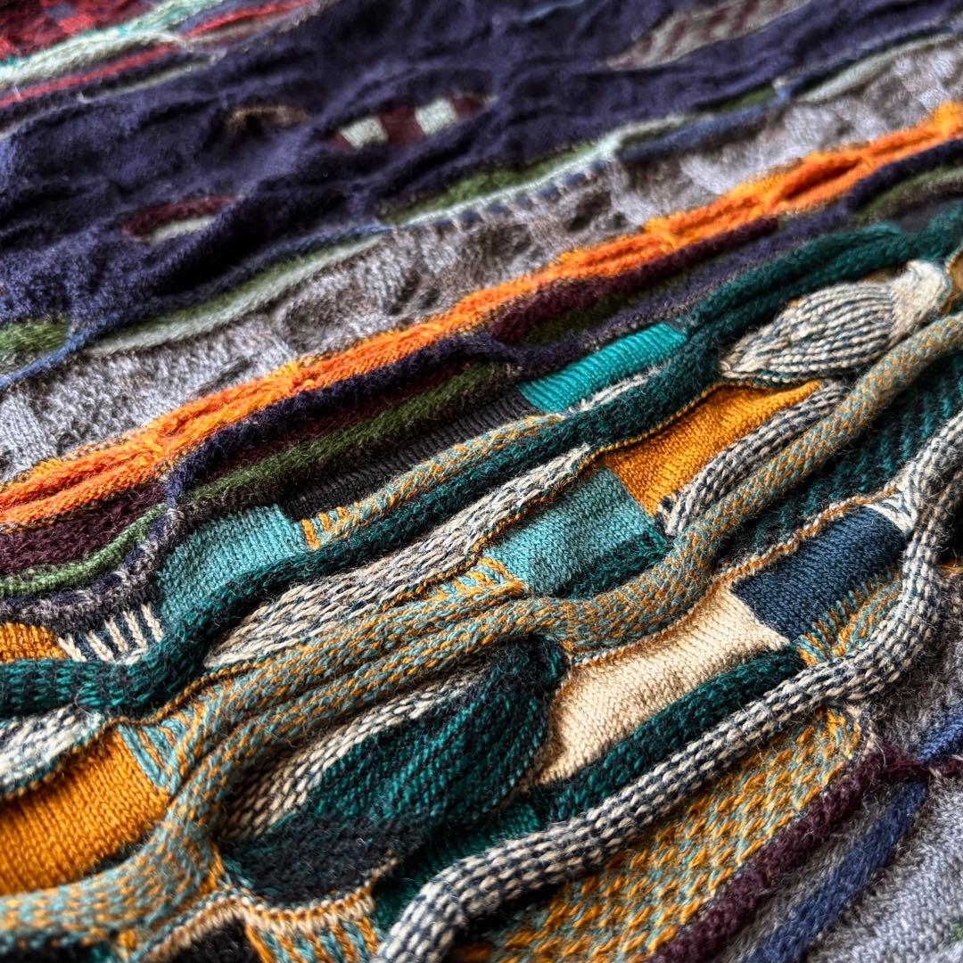 90s COOGI 3Dニット 総柄セーター 幾何学 柄ニット 希少配色 寒色
