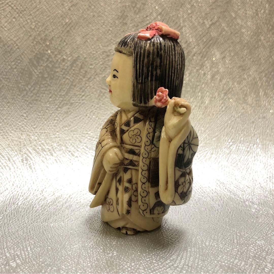 時代根付　刻印有　置物　おかっぱの女の子　縁起物　アンティーク　天然素材